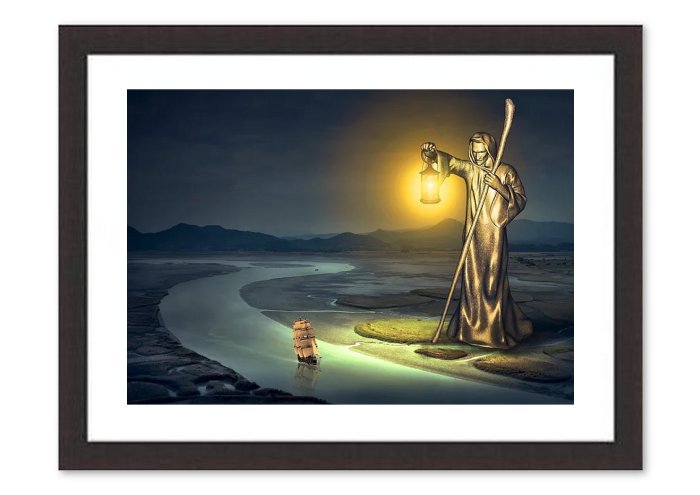 Fantasy River Statue Lantern Light Ship Night 